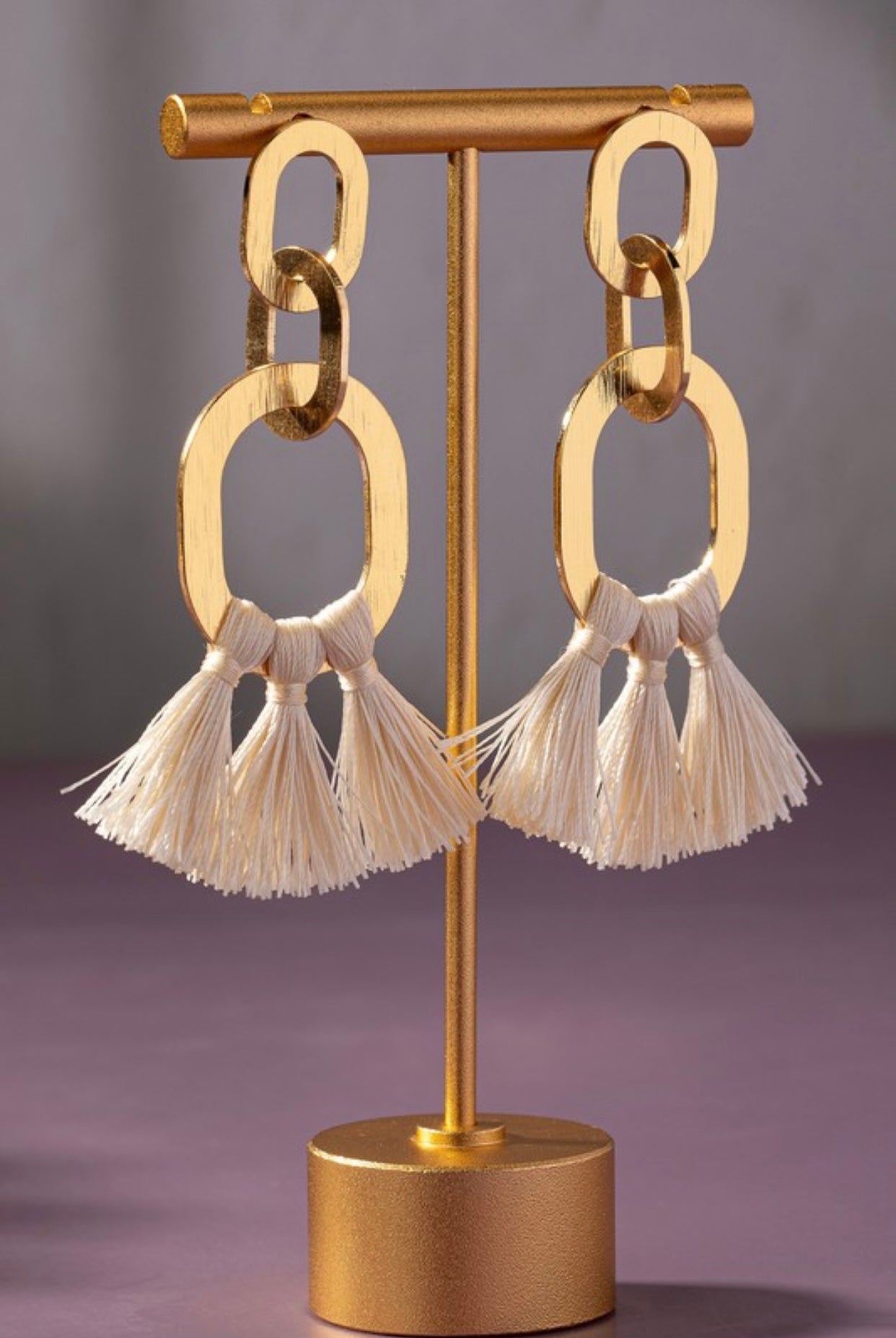 Ivory Oval Tassel Drop Earrings